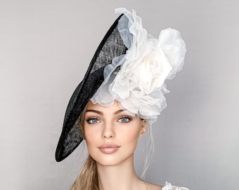 Kentucky derby hat, black white derby hat, floral ascot hat for woman, straw fascinator, wedding hat, white ascot hat, mother of bride hat