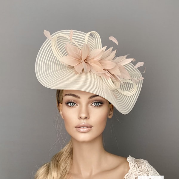 Pale pink kentucky derby hat, blush feathers Royal Ascot hat, pink wedding hat, luncheon fascinator hat, high tea party hat, occasion hat