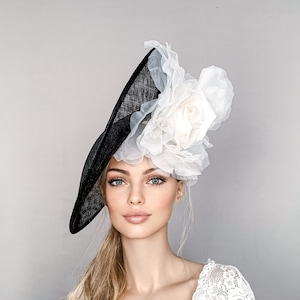 Kentucky derby hat, black white derby hat, floral ascot hat for woman, straw fascinator, wedding hat, white ascot hat, mother of bride hat