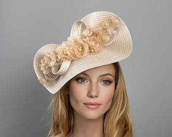 Kentucky derby hat, beige derby hat, floral champagne ascot hat for woman, straw fascinator, wedding hat, cream ascot hat, mother of bride