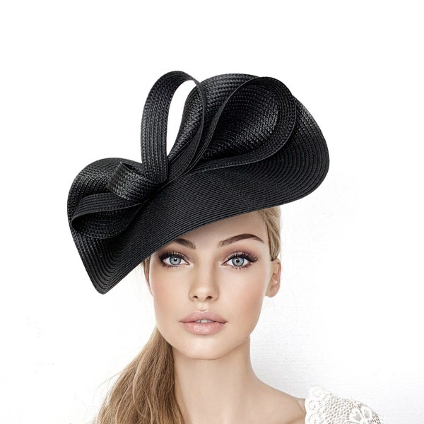 Black derby fascinator, black ascot hat, Black kentucky derby hat, wedding hat, ascot fascinator, womens races hats, funeral hat, bow hat