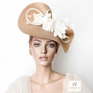 Camel Kentucky Derby Hat: Ivory Feather Ascot Fascinator