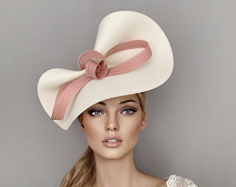 Ivory Kentucky Derby Fascinator: Blush Pink Bow Ascot Hat