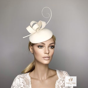 Ivory felt pillbox hat, felt fascinator, duchess style cream wool cocktail hat, bow percher hat, occasion hat, wedding fascinator bridal