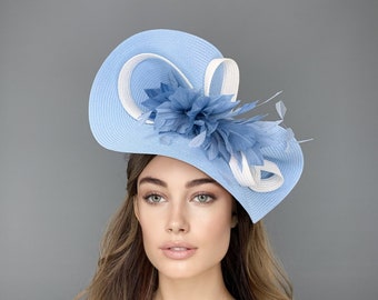 Pale blue kentucky derby hat, blue and Ivory ascot hat, light blue wedding hat, Belmont or Preak Hat, kate middleton style hat, feathers hat