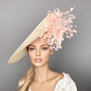 Kentucky derby hat, Ivory derby hat, Peach royal ascot hat for woman, straw fascinator, wedding hat, cream ascot hat, mother of bride, tea