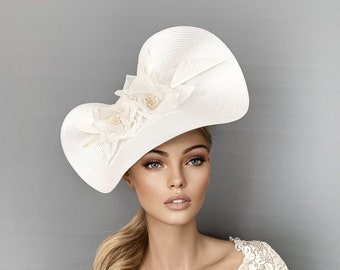 Bibi blanc, chapeau de course floral blanc, chapeau derby, chapeau Royal Ascot, chapeau de déjeuner, chapeau derby du Kentucky, chapeau de grande occasion, mariages