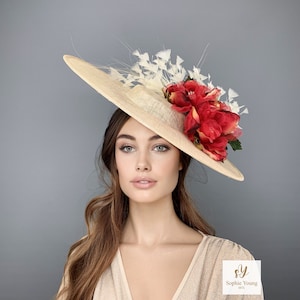 Cream Derby Hat: Red Magnolia Flower Ascot Fascinator