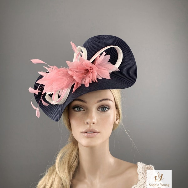NAVY BLUE fascinator, pink race day hat, Pink feathers wedding hat, navy high tea party hat, royal ascot fascinate hat, mother of the groom