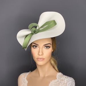 Cream and olive green bow kentucky derby fascinator, royal ascot hat, Ivory sage green derby hat, green races fascinator hat, luncheon hat