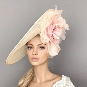 Kentucky derby hat, cream derby hat, floral pink ascot hat for woman, straw fascinator, wedding hat, cream ascot hat, mother of bride hat