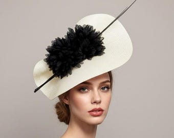 Woman Oaks Feathers Hat Cream and Black - Kentucky Derby Hat 