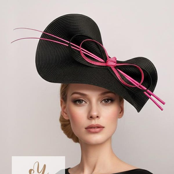 Schwarzer Kentucky Derby Hut: Hot Pink Fascinator mit Schleife
