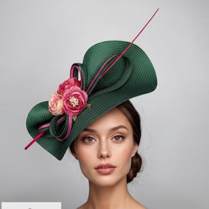 Elegant Pink and Green Women\'s Hat with Floral Accent Elegant Green Floral Hat With Pink Floral Accents. - Etsy main image 4