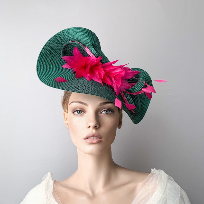 Green and fuchsia kentucky derby hat, feathers wedding hat, hot pink derby hat, royal ascot fascinate hat, mother of the bride, luncheon hat 