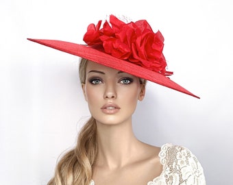 Red kentucky derby hat, red Ascot hat, red derby fascinator, red tea party hat, races hats for women, luncheon hat, wide brim hats for woman