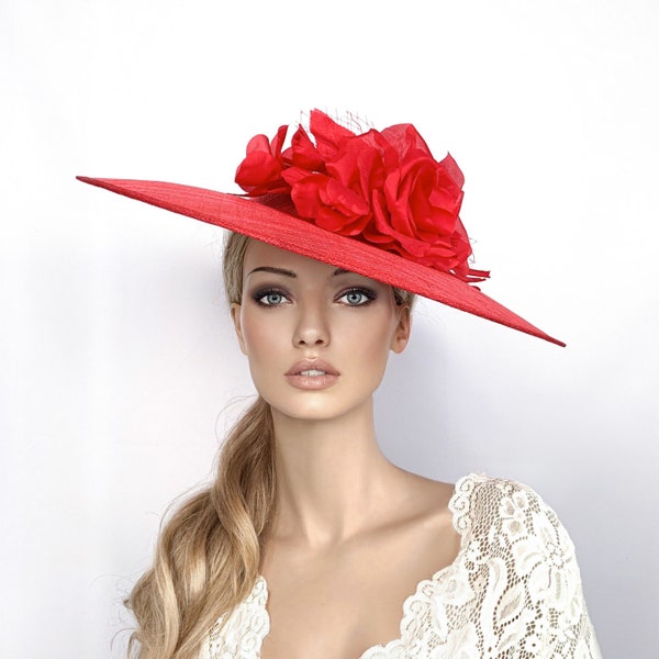 Red kentucky derby hat, red Ascot hat, red derby fascinator, red tea party hat, races hats for women, luncheon hat, wide brim hats for woman