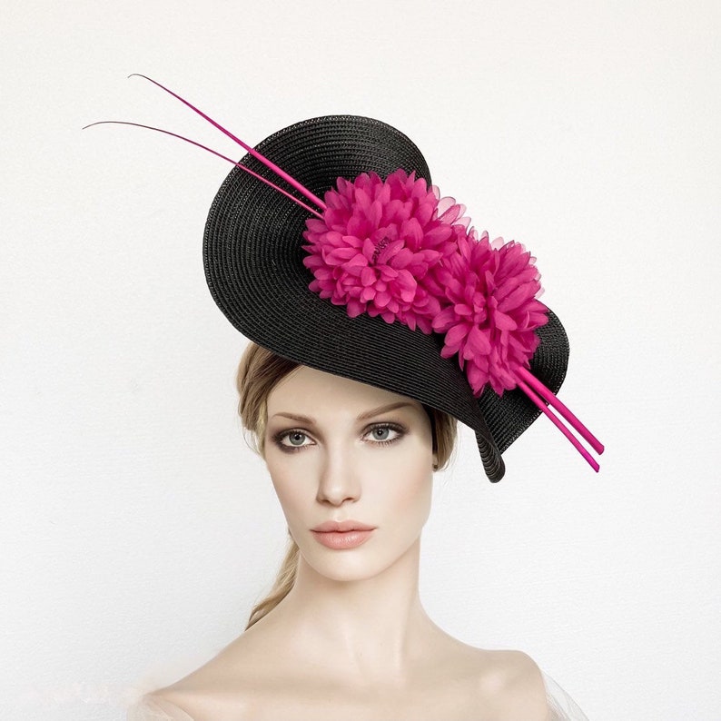 Kentucky derby hat, black hot pink fascinator hat, race day hat, mother of bride hat, occasion hat, ascot fascinator hat, derby fascinator 