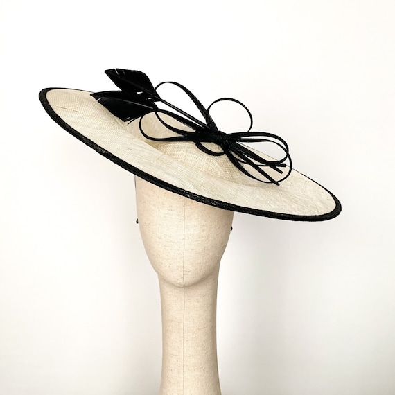 Ivory Wide Brim Kentucky Derby Hat With Black Trim, Elegant 
