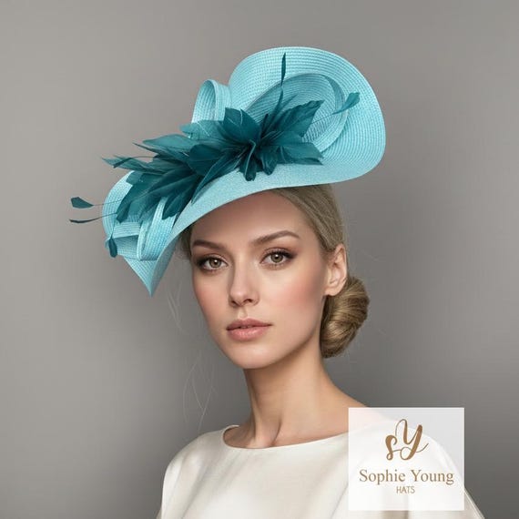 Custom Derby Teal and White Fascinator on headband or can use hair clip Teal Fascinator Headband Derby - Etsy main image 4