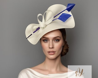 Ivory Fascinator with Cobalt Blue Feathers | Elegant Wedding & Race Day Headpiece | Royal Ascot Occasion Hat