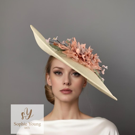 Elegant Peach Wide-Brim Floral Fascinator Hat for Women Extra Large Hat Peach Pink Beige Cream Fascinator Hat Royal  main image 2