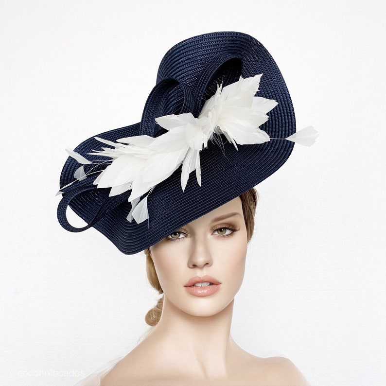 NAVY BLUE kentucky derby hat, navy races hat, Ivory feathers wedding hat, navy derby hat, royal ascot fascinator, blue wedding hat, luncheon 