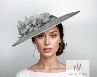 Beloved Millinery Elegant Gray Fascinator Veil Races Church Tea Brunch Wedding Couture Black White Stunning Tulle Flower Pillbox Hat Tea  main image 3
