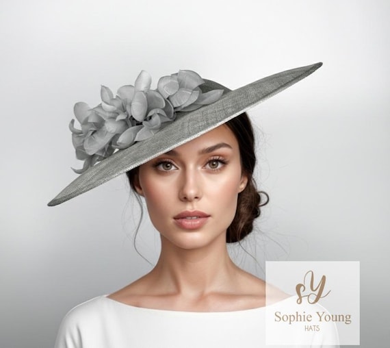 ladies small dress hats Women Gray Wedding Hat, Grey Races Hat, Silver Derby Hats, Gray Hats, Tea Party Hat, Silver Church Hats, Dressy Hats, Gray Floral Hat church formal hats for ladies