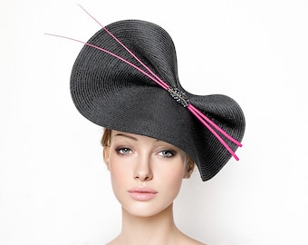 Black Fascinator Hat: Fuchsia Ostrich Quill Ascot Derby Hat