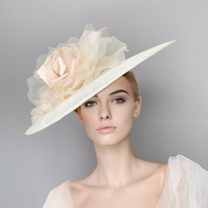 Kentucky derby hat, Cream wide brim hat, Ivory royal ascot hat, mother groom hat, high tea party hat, luncheon hat, bridal hat, flower hat