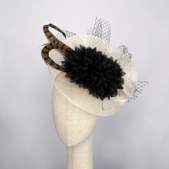 Elegant White Hat with Black Floral Accent Black Orchid With White Wedding Fascinator Race Derby Day  main image 3