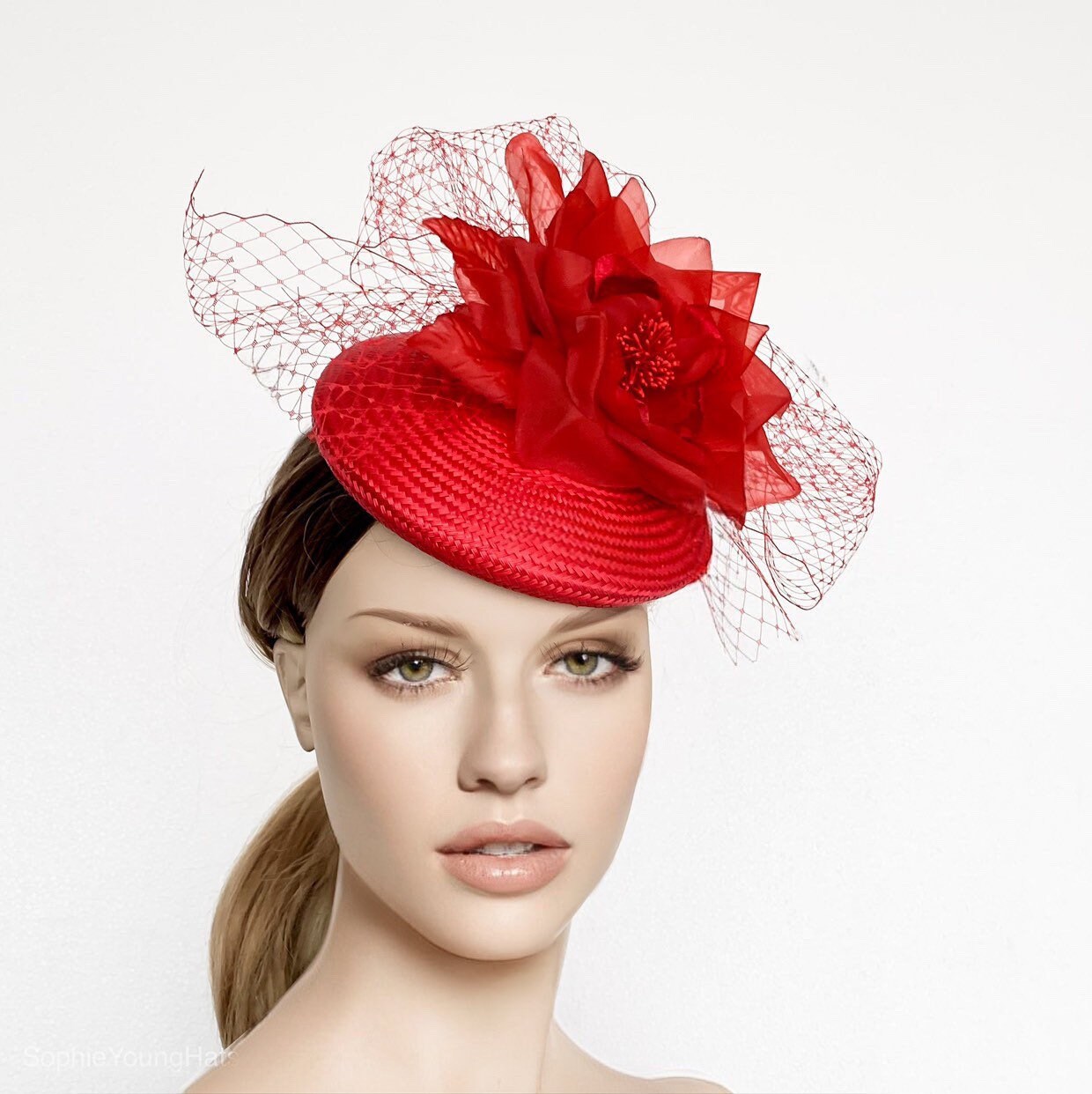 Red fascinator red veil pillbox hat kate middleton style Etsy