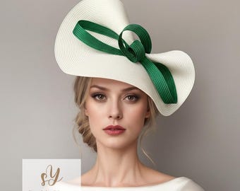 Tocado con lazo verde crema para el Derby de Kentucky, sombrero Royal Ascot, tocado de boda color marfil y esmeralda, día de carreras, almuerzo