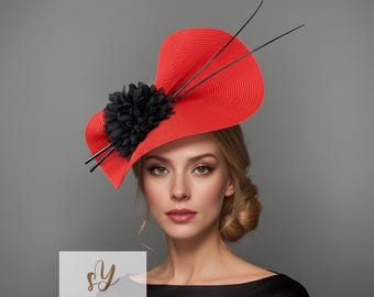 Kentucky Derby Hat Red and Black - Red Fascinator With Veil  display picture 3