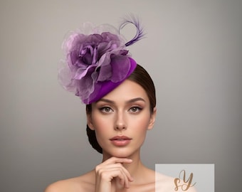 Sombrero morado de carreras de Cheltenham, elegante tocado pastillero para el Día de la Mujer con flores