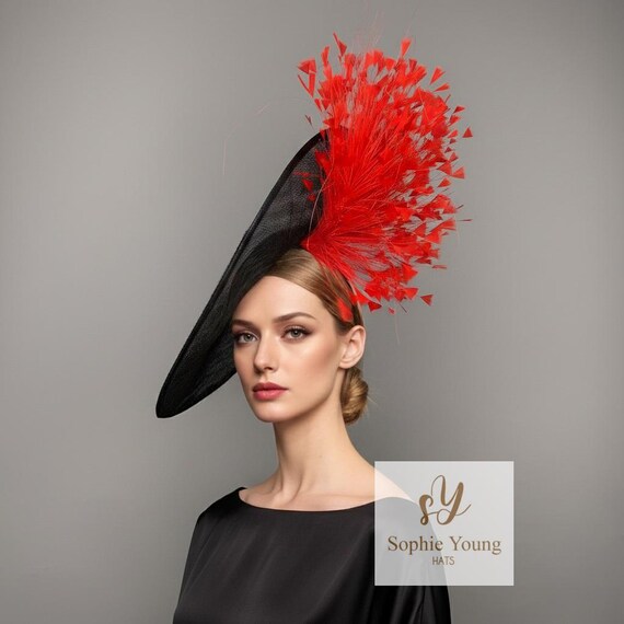 Black Sinamay Kentucky Derby Hat, Red Feather Ascot Hat 