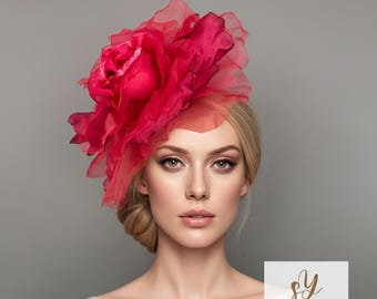 Hot Pink Floral Fascinator Kopfschmuck, Statement Hochzeits- und Renntag Hut, Royal Ascot Anlass Kopfbedeckung