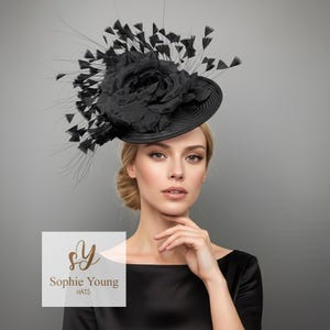 Black percher hat with oversized flower, Kentucky Derby Hat with Silk Flower and feathers.