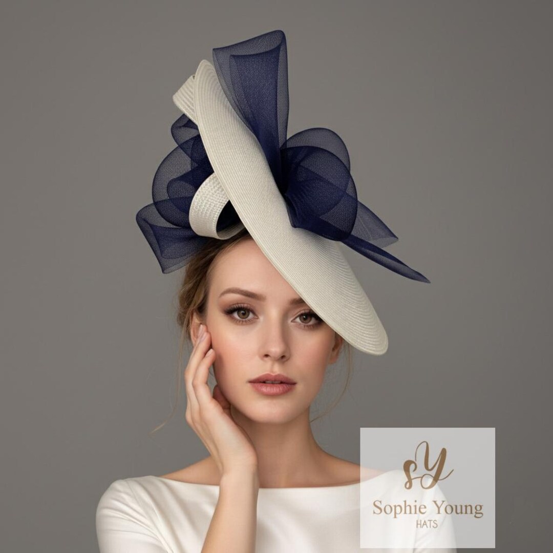 Navy Blue Fascinator Hat: Cream Bow Ascot Hat - Etsy Canada display picture 1
