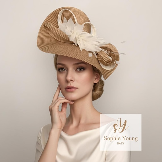 Gold Ivory Kentucky Derby Fascinator Hat, Feather Ascot 