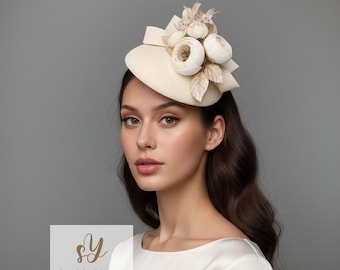 Camel Felt Pillbox Hat With Cream Silk Rose, Winter Wedding  display picture 3