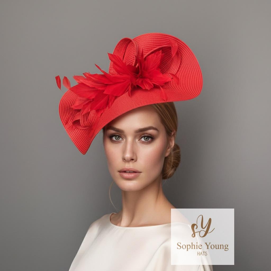 Red Kentucky Derby Hat: Feather Fascinator, Ascot Races  display picture 1