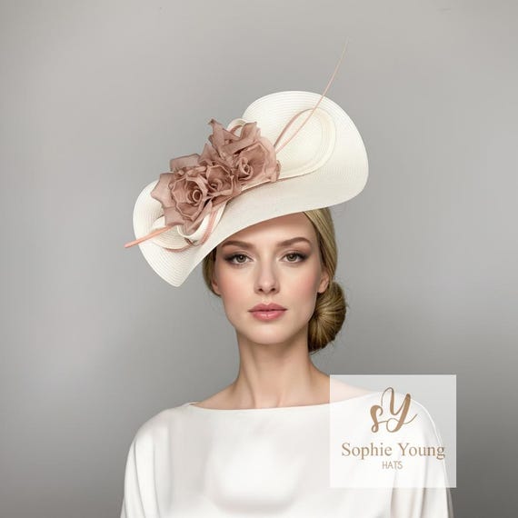 Off White and Blush Silk Floral Fascinator Hat, Elegant  display picture 3