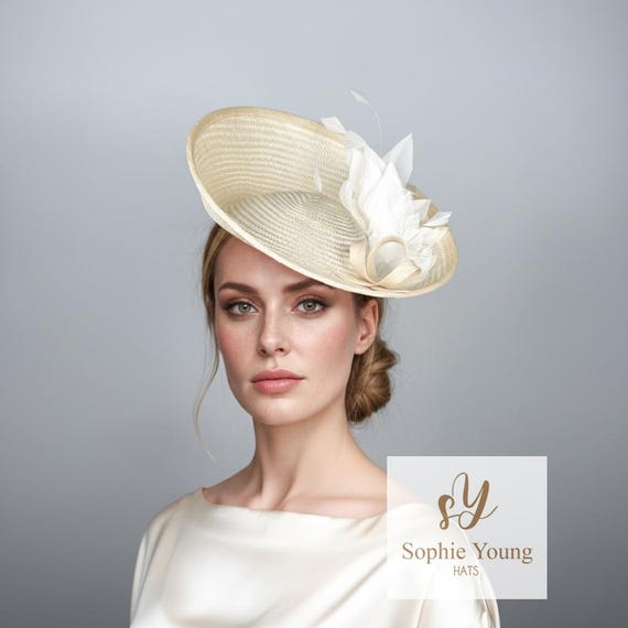 Handmade Linen Derby Fascinator Hat with Bow Feather Clip for Women Large Kentucky Derby Hat Women Beige - Beige and Black Ascot  main image 4
