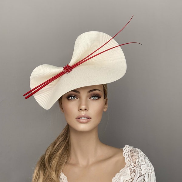 White and red fascinator hat, ivory races hat, ascot hat, Kentucky derby hat, red fascinator, wedding hat, off white and red hat, high tea