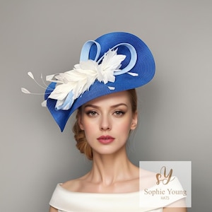 Sombrero Derby Kentucky azul rey, tocado azul con plumas para invitada de boda, sombreros Royal Ascot para mujer