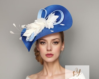 Royal blue kentucky derby hat, wedding guest blue fascinator hat with feathers, royal ascot hats for woman