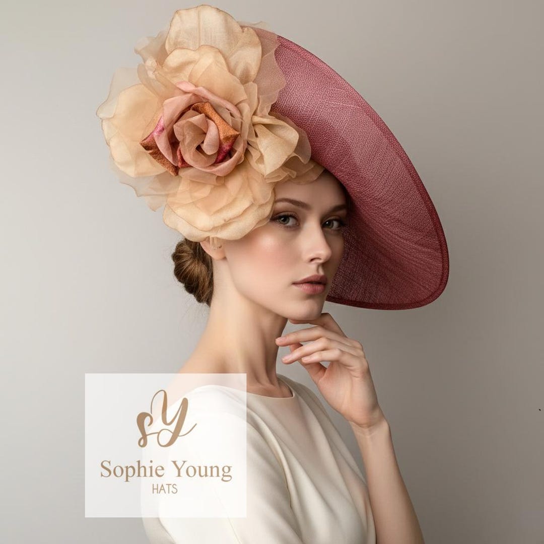 Pink Wide Brim Hat With Champagne Flowers, Kentucky Derby  display picture 3