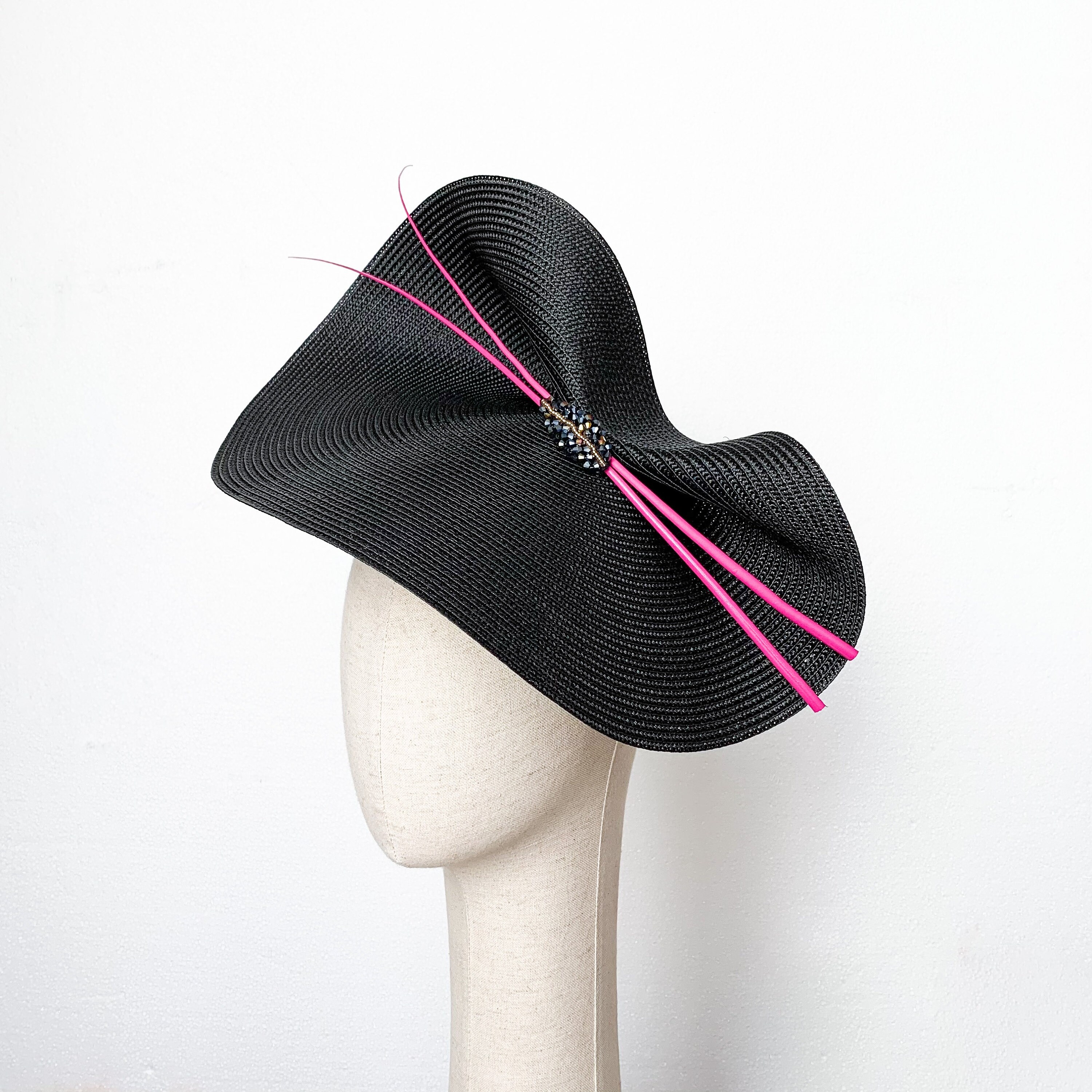 Black Fascinator Hat: Fuchsia Ostrich Quill Derby Ascot 